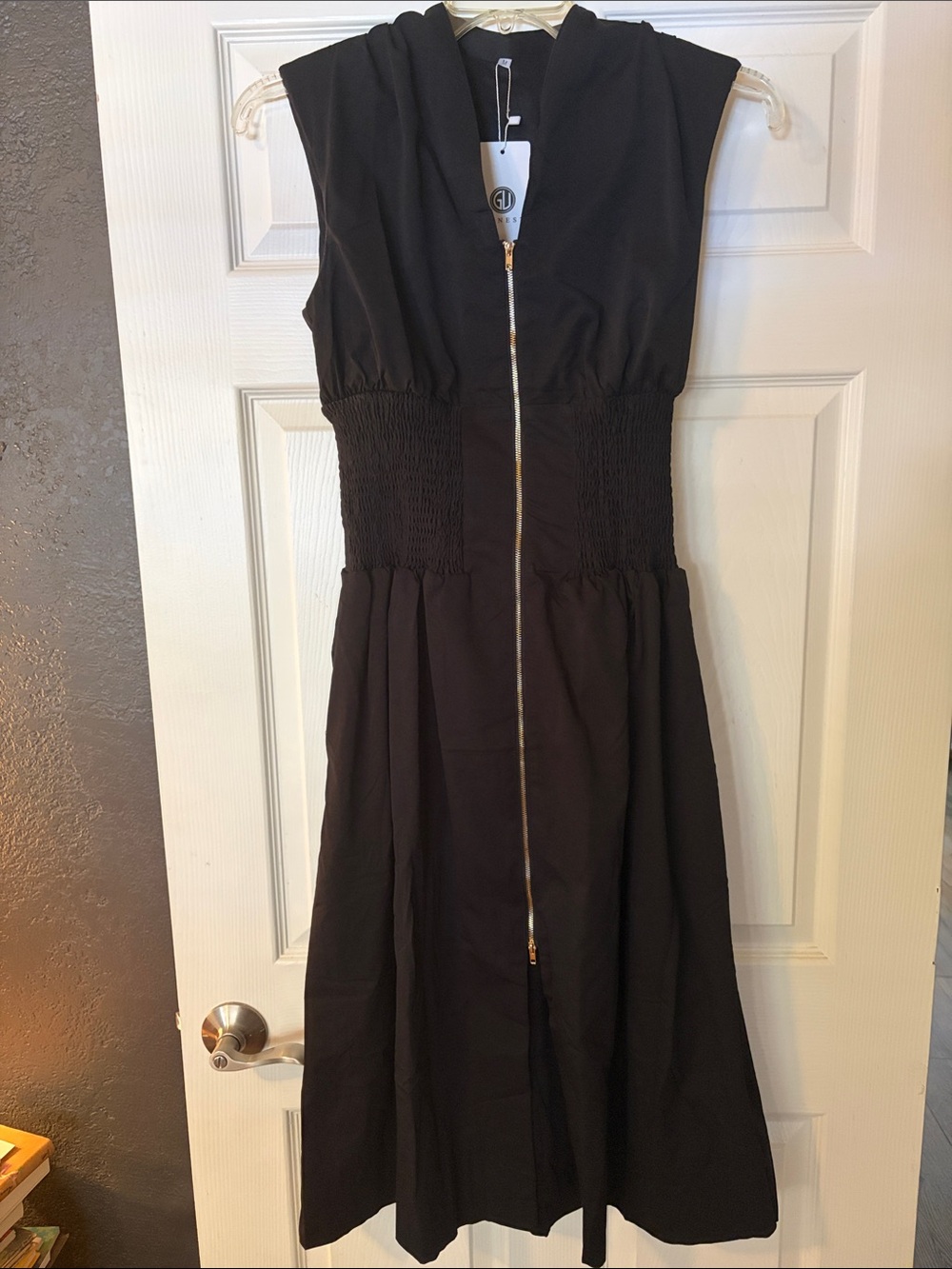 Black Sleeveless Midi Dress with Front Zip and Smocked Waist